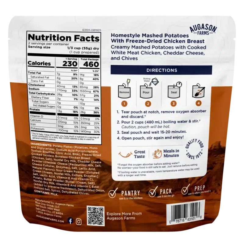 Augason Farms Outdoor Meal Homestyle Mashed Potatoes with Chicken Augason Farms Outdoor Meal Homestyle Mashed Potatoes with Chicken
