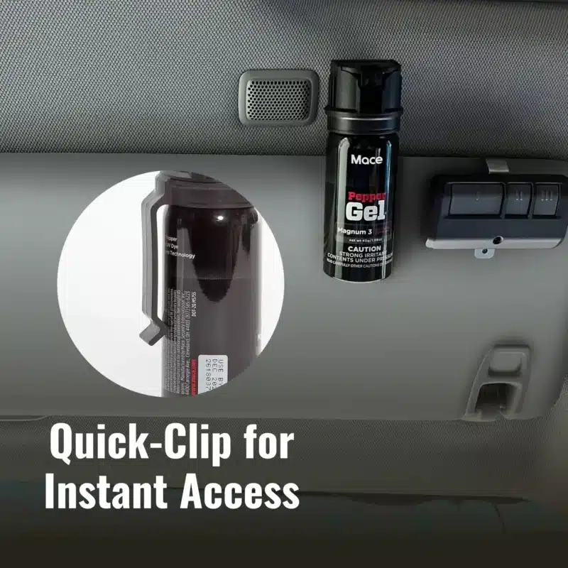 mace-pepper-Quick-Clip attaches to car visor for easy access Quick-Clip attaches to car visor for easy access