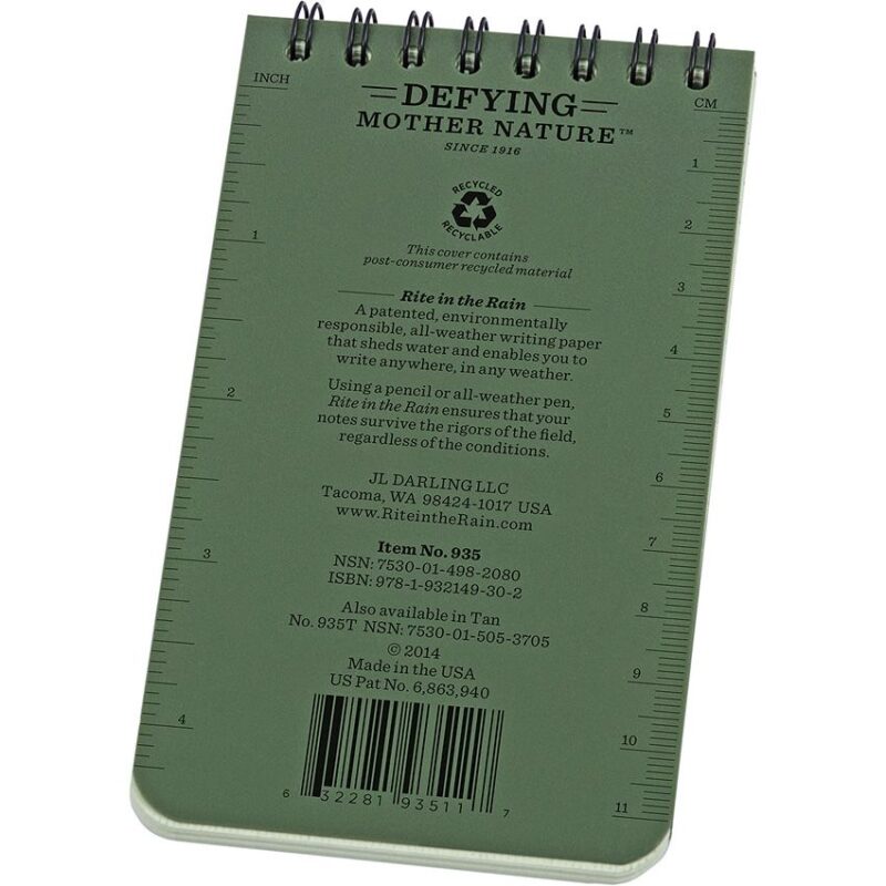 Rite in the Rain 3x5 Top Spiral Notebook - GRNa Rite in the Rain 3x5 Top Spiral Notebook - GRN